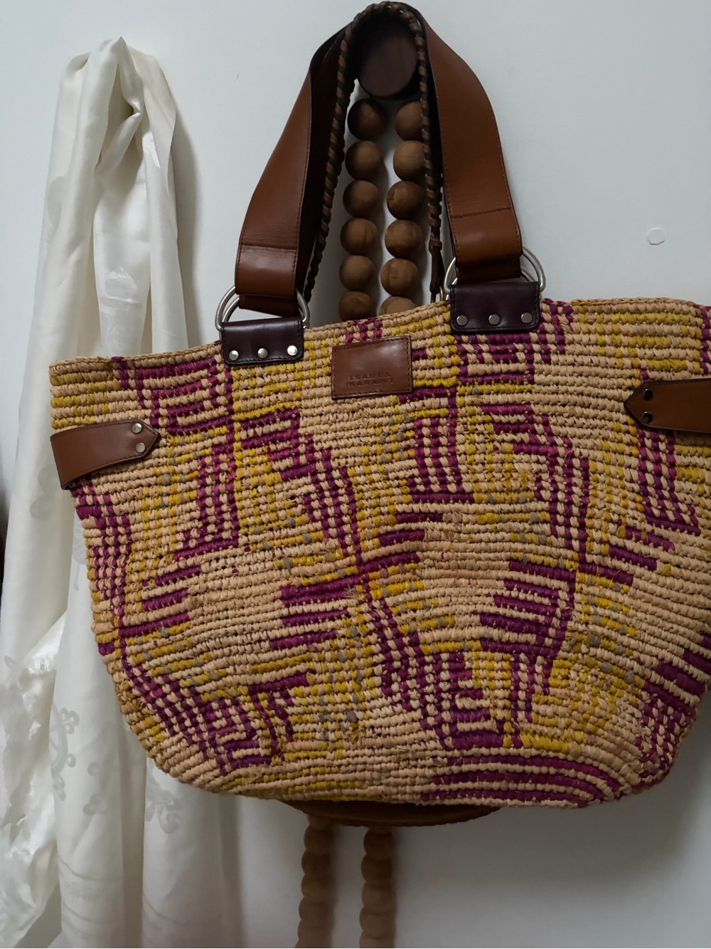 Isabel Marant Woven Straw Tote in Magenta & Mustard - Picture 2 of 2